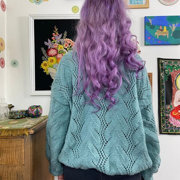 Vintage Chunky Oversized Sweater, 1970s Hand Knit Blue Crewneck, OS Plus Sz - Picture 3 of 10